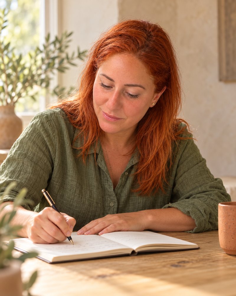 Natalia Alemán escribiendo en su cuaderno